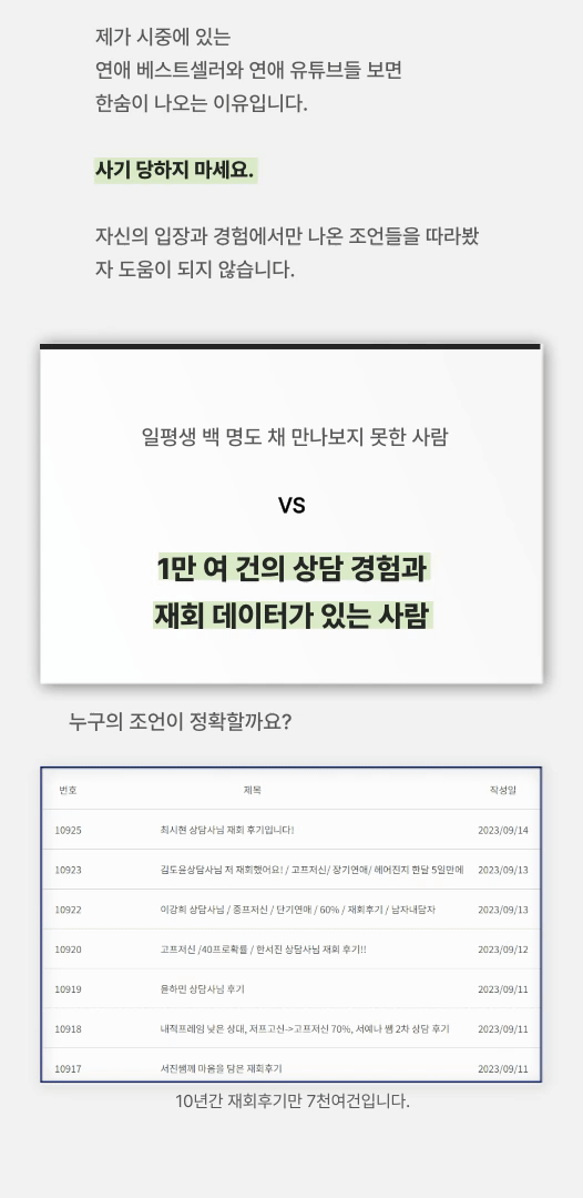 자신의 입장과 경험에서만 나온 조언들을 따라봤자 도움이 되지 않습니다.일평생 백 명도 채 만나보지 못한 사람 vs. 1만 여 건의 상담 경험과 재회 데이터가 있는 사람누구의 조언이 정확할까요?